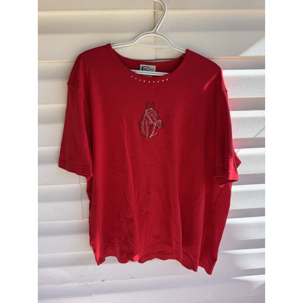 LASOLAS Women’s Rhinestone Embroidered Horse Tshirt Red 2XL Plus Size Cowboy